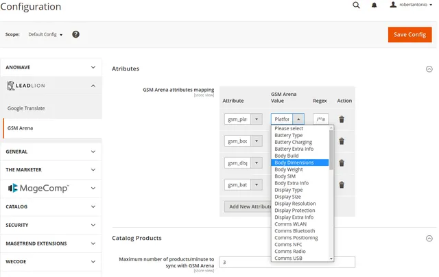 The GSM Arena module in the Magento 2 admin: attribute mapping and the limit on products synchronised per minute