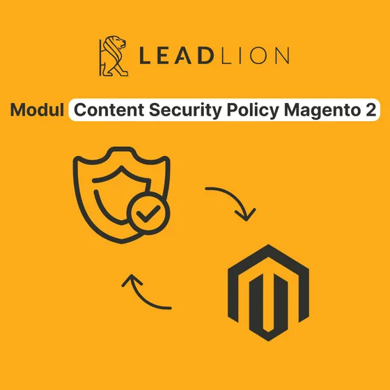 LEADLION Content Security Policy module for Magento 2: the security shield and the Magento logo