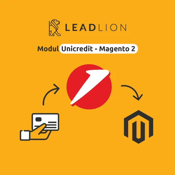 LEADLION UniCredit module for Magento 2: card payment, the UniCredit logo and the Magento logo linked by arrows