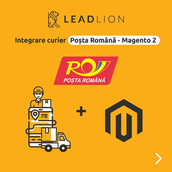 Posta Romana courier integration with Magento 2: the Posta Romana logo, a courier with parcels and the Magento logo