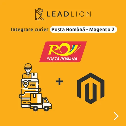 Posta Romana courier integration with Magento 2: the Posta Romana logo, a courier with parcels and the Magento logo