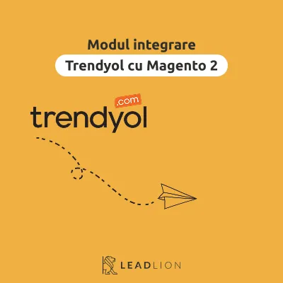Trendyol integration module for Magento 2: Trendyol and LEADLION logos on a yellow background