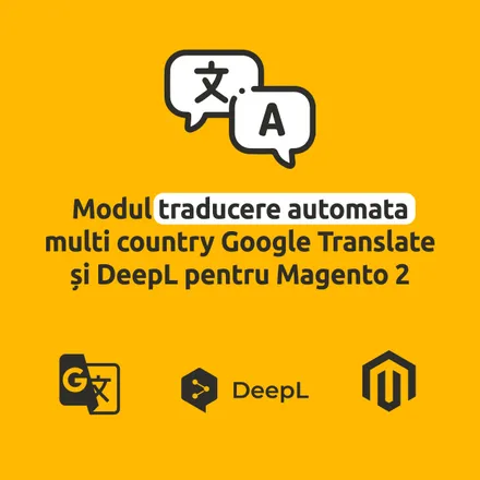 Automatic translation module for Magento 2, with the Google Translate, DeepL and Magento logos