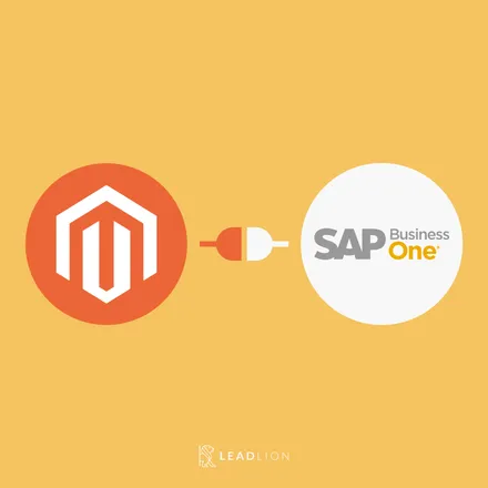 Magento 2 logo connected to the SAP Business One logo, the LEADLION integration