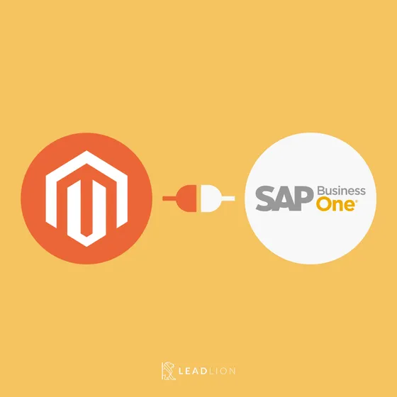 Magento 2 logo connected to the SAP Business One logo, the LEADLION integration
